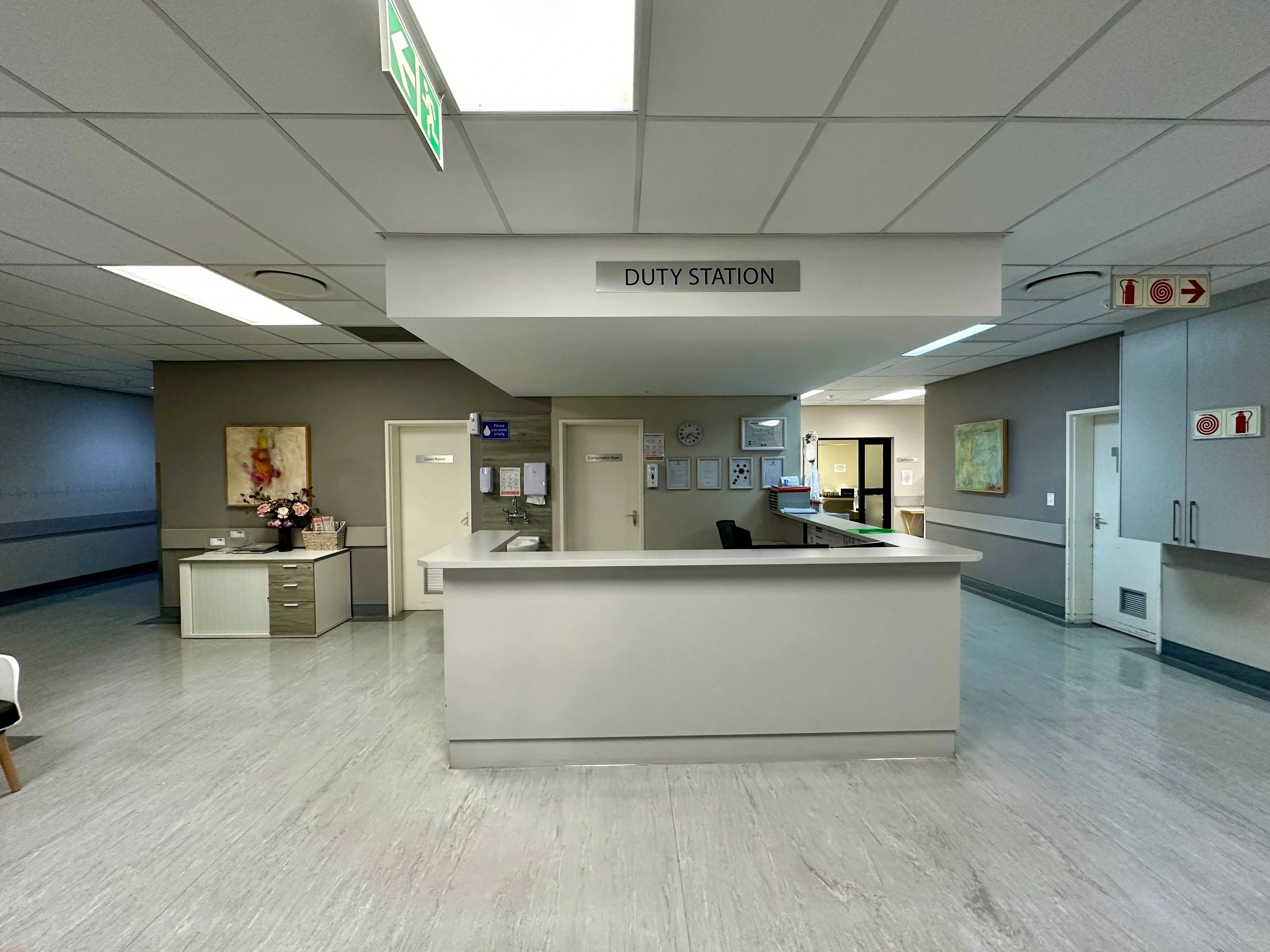 Hospital reception desk and corridor