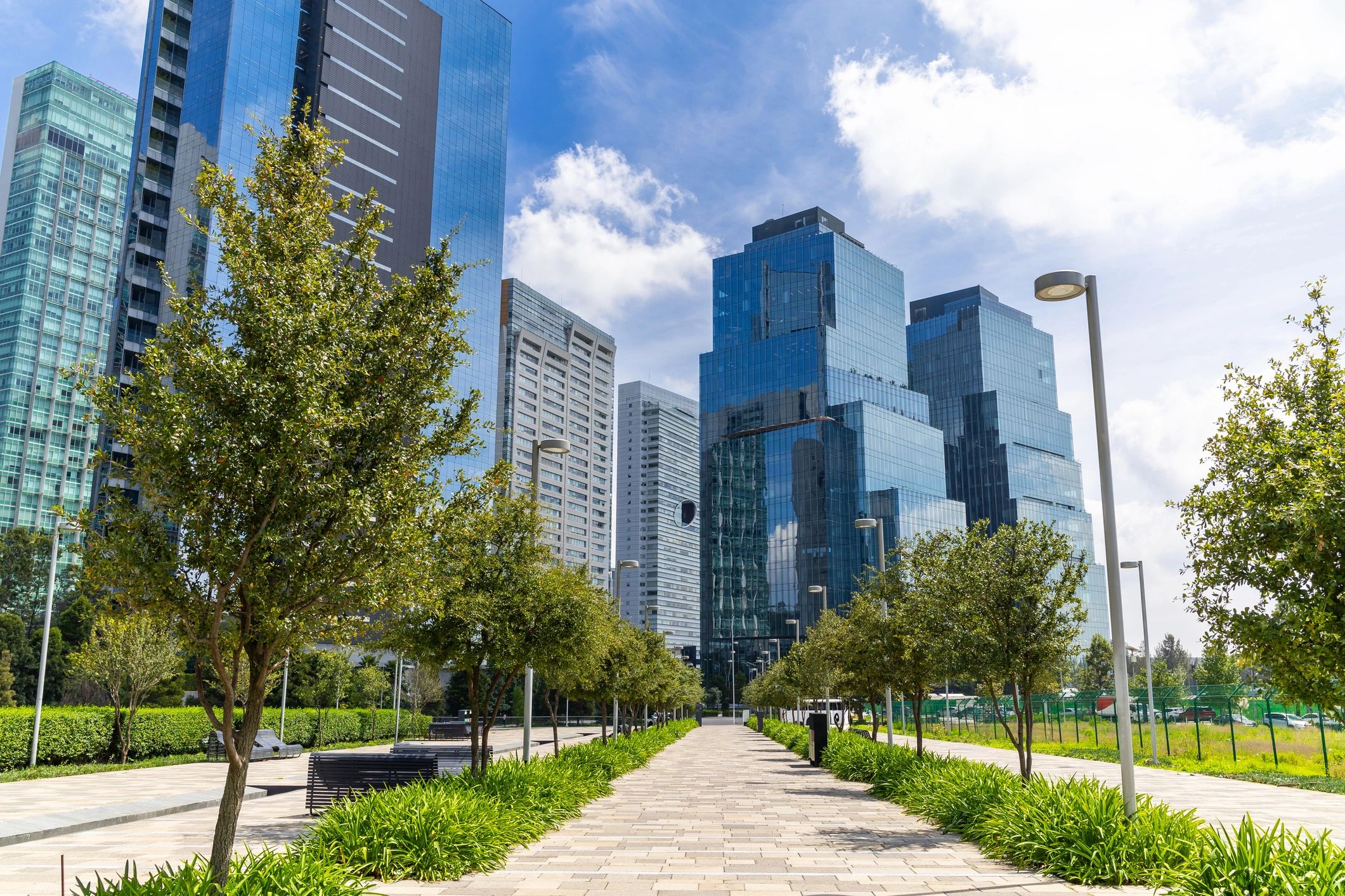 Modern city skyline representing international destinations